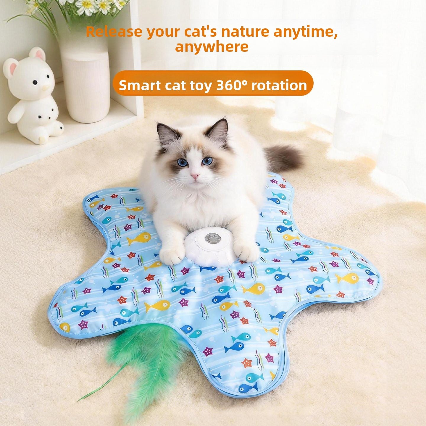 Ragdoll cat sitting on a blue fish print star cat teaser mat on a cream rug with the feather wand
