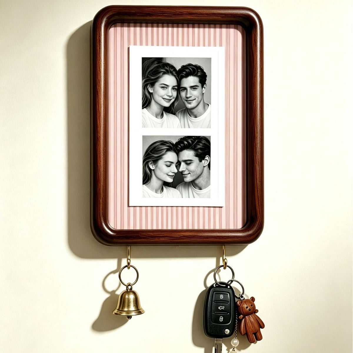 Option A4 Hook Style 4: dark wood wall photo frame with fine pink striped backing and two key hooks
