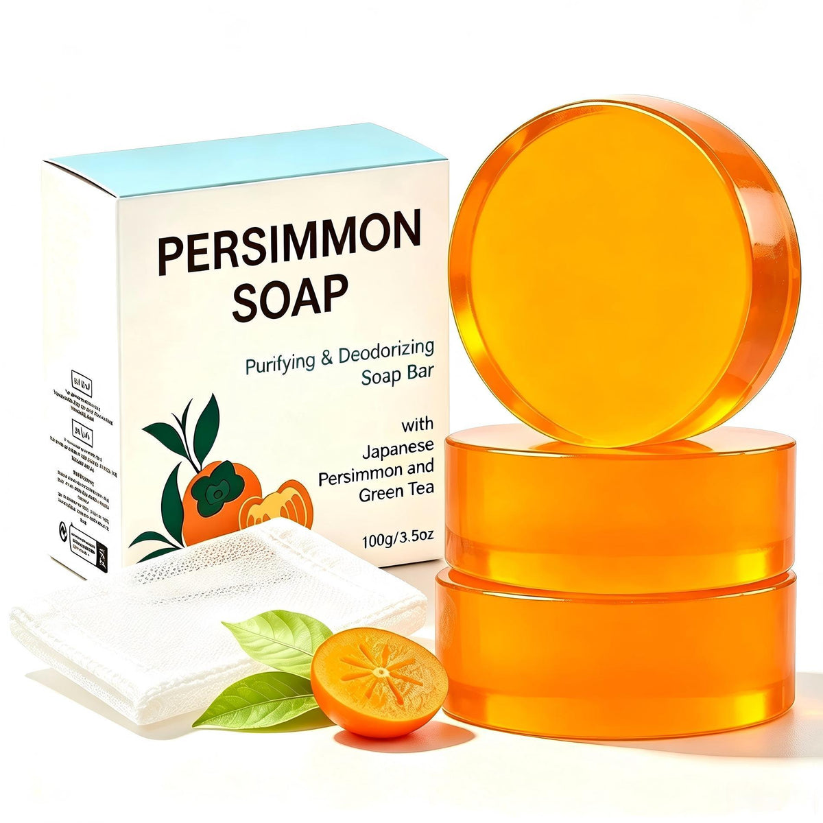 Three stacked amber persimmon soap bars beside a Persimmon Soap box, a white mesh net and a halved persimmon