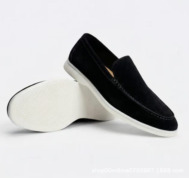 Black suede slip-on loafer with a rounded toe and a thick pale sole, size 49 option