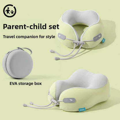 Light green U shaped memory foam travel neck pillow with gray EVA storage box on a green background
