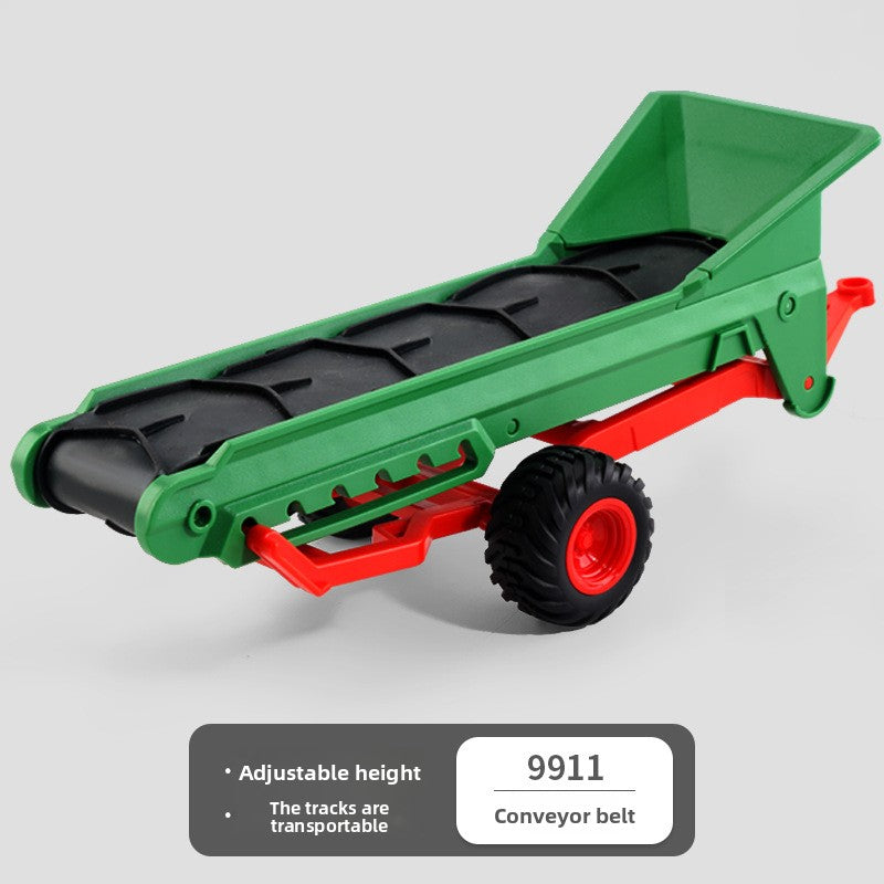 Fertilizer spreader implement that clips to the toy farm tractor