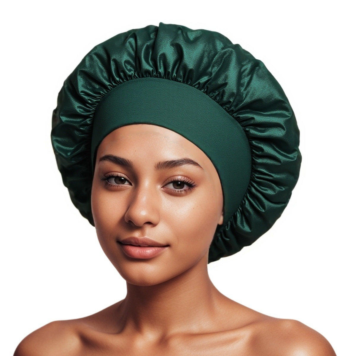 Dark Green satin sleep bonnet with ruffled crown and wide elastic band, 35 cm diameter