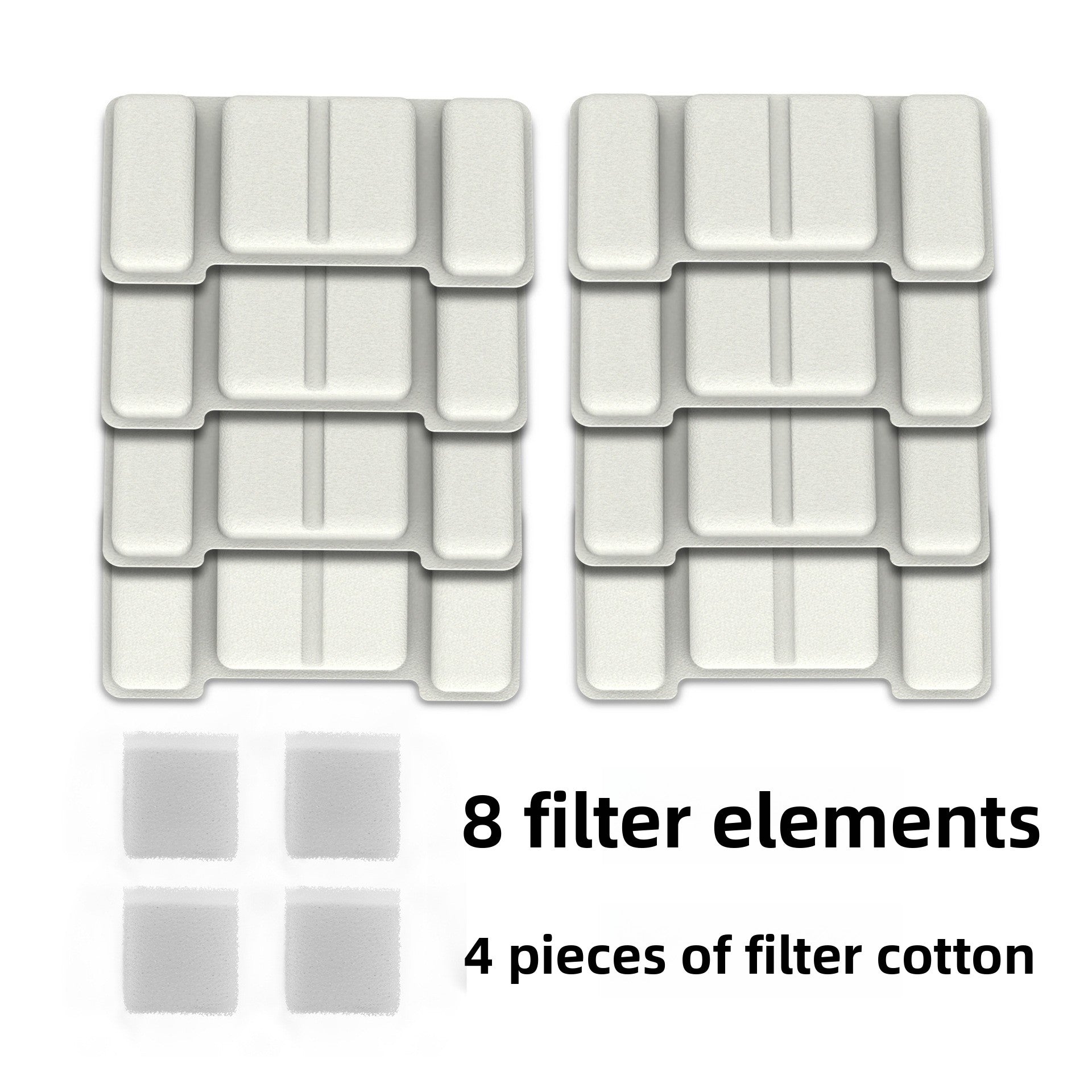 Refill pack of eight white filter elements and four squares of pump filter cotton for the fountain
