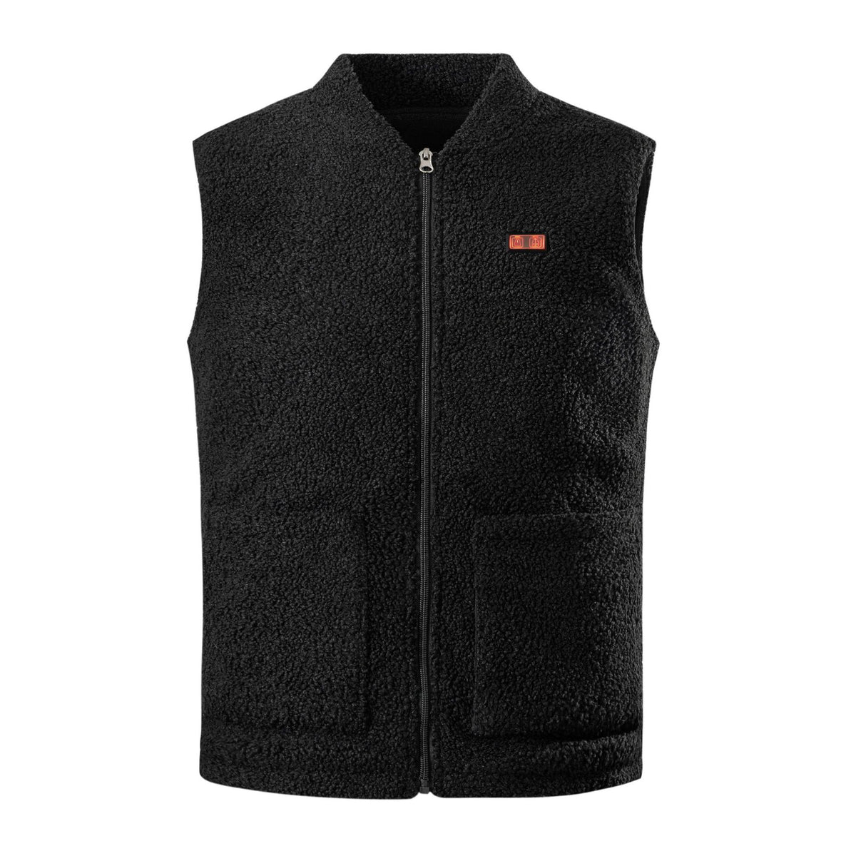 Black plush fleece vest front view with a chest control patch and zip on a white background