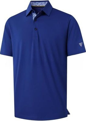 Men's short sleeve polo shirt with a solid body and a printed contrast collar, fitted cut in light polyester
