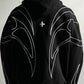 Black embroidered zip up hoodie laid flat showing the winged line pattern