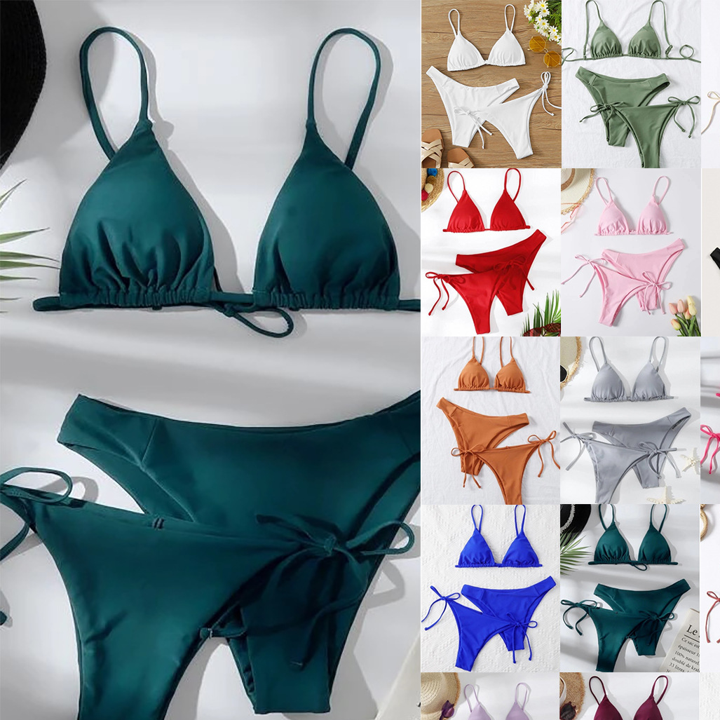 Solid color bikini set side profile showing hip ties and sliding shoulder straps