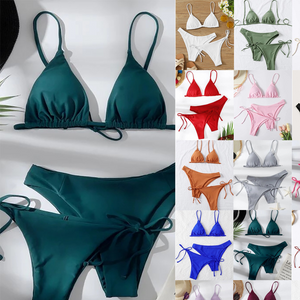 Solid color bikini set side profile showing hip ties and sliding shoulder straps