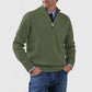 Army Green mens acrylic knit quarter zip stand collar pullover sweater worn by a standing male model