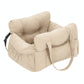 Padded car seat pet bed with raised bolster walls, carry handles and an inner clip top down view into the padded nest