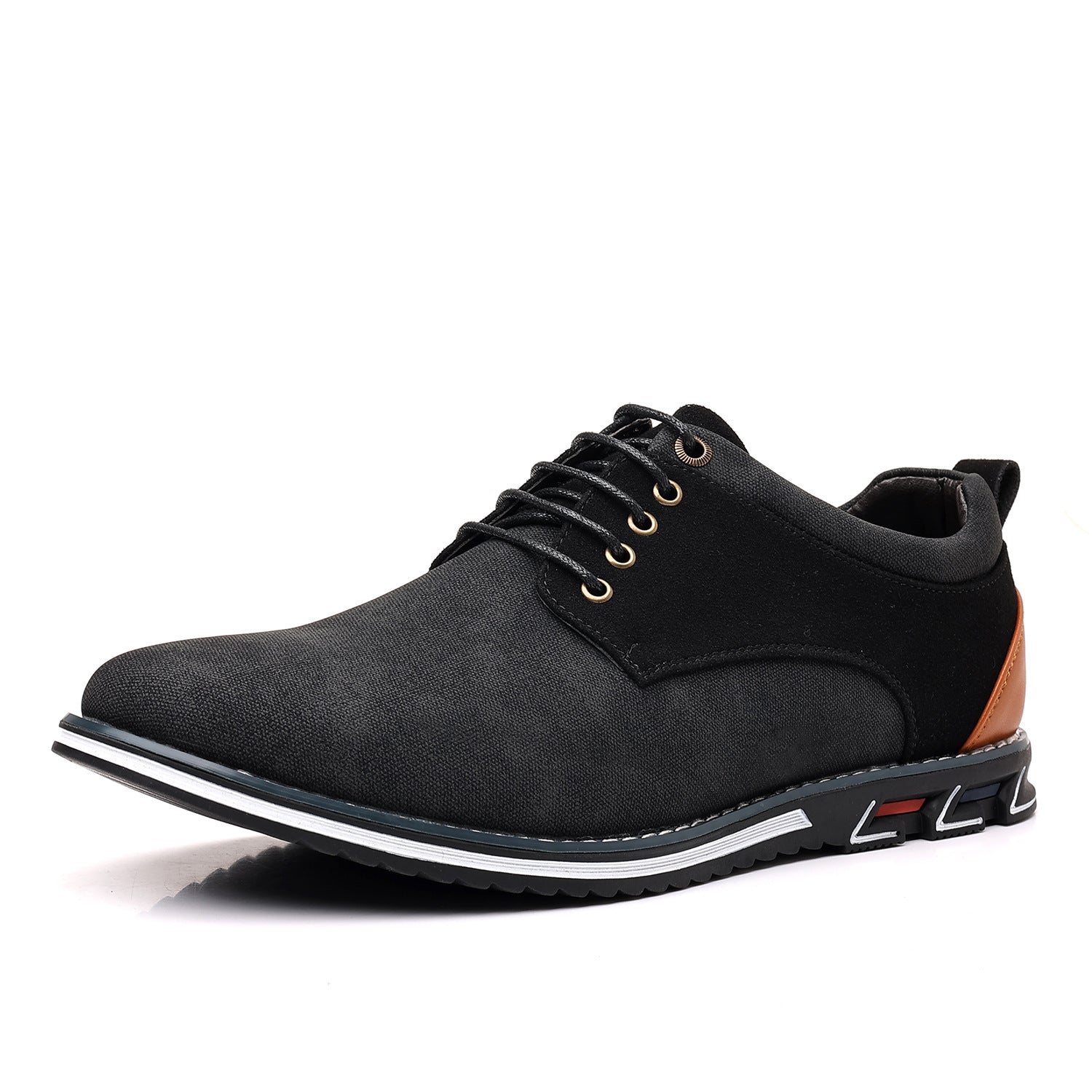 Round toe derby shoe worn with rolled jeans for a smart casual look