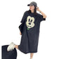 Grey washed cotton T-shirt dress with large cream mouse face print, flat front view
