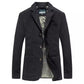 Black single-breasted men's blazer jacket with notch lapel, three buttons and patch pockets, front view