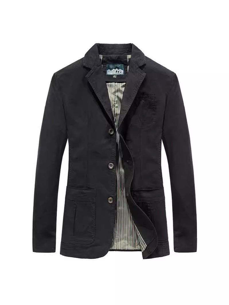 Black single-breasted men's blazer jacket with notch lapel, three buttons and patch pockets, front view