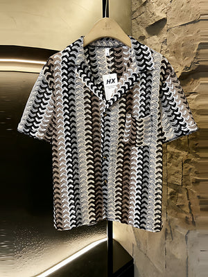 Retro woven hollow jacquard short sleeve shirt front view