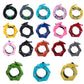 Grid of eighteen barbell collars in black, gray, teal, pink, yellow, blue, red, orange and green