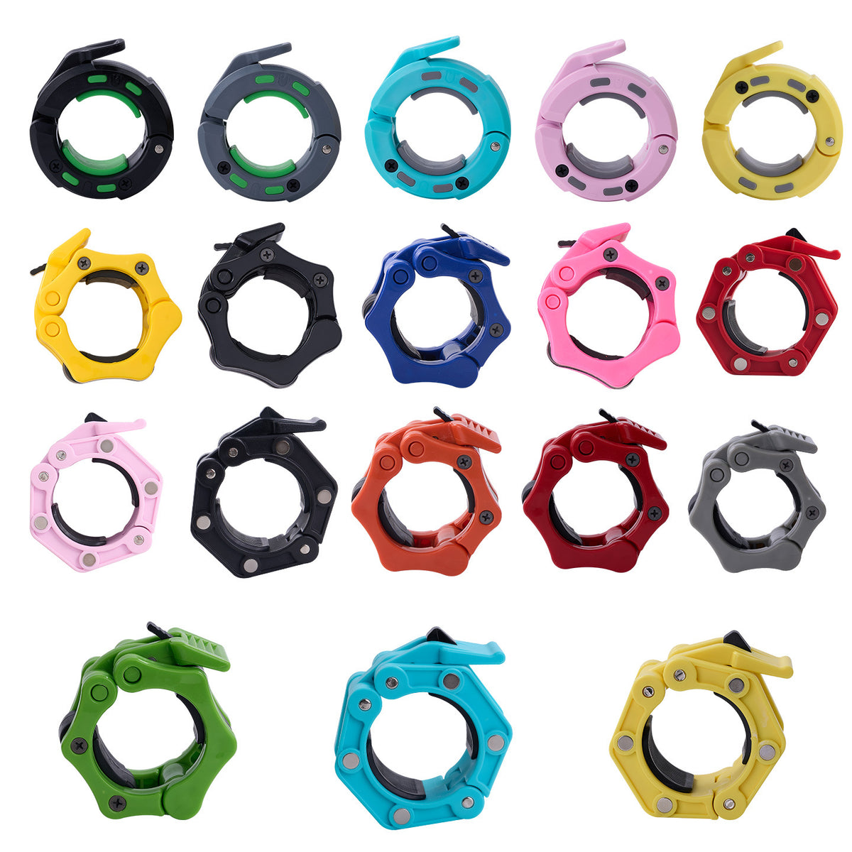 Grid of eighteen barbell collars in black, gray, teal, pink, yellow, blue, red, orange and green