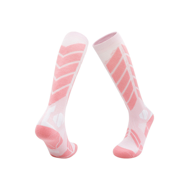 Knee high cushioned ski socks shown as a front and back pair on a white background