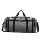 Beige travel duffel bag folded flat to show how compactly it stores away