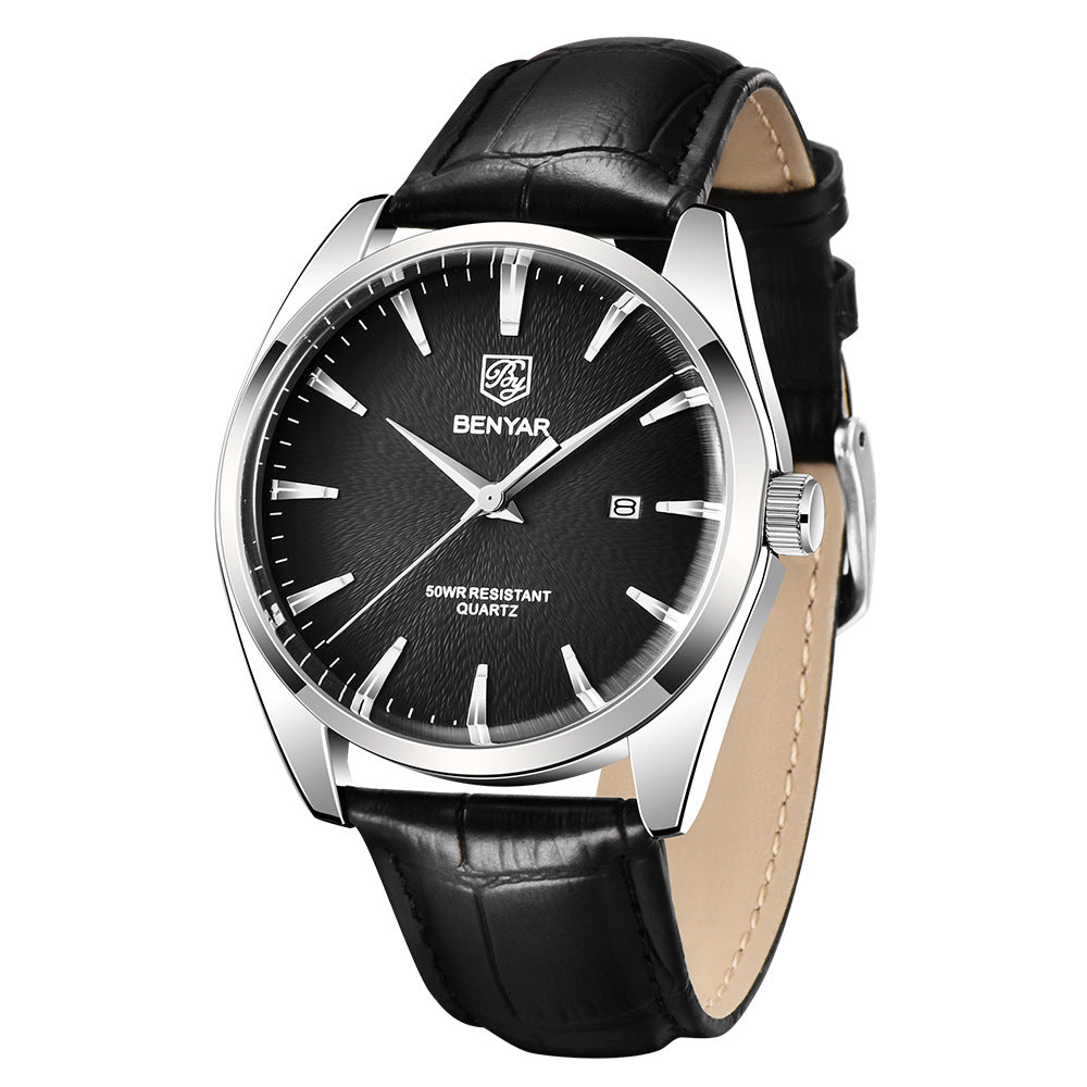 BENYAR silver case men's quartz watch with a black dial and black leather strap