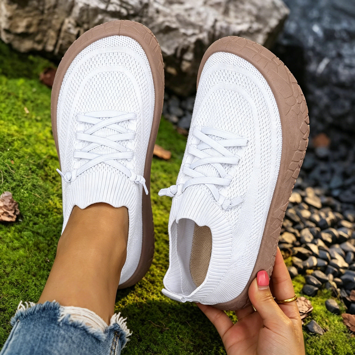 Top view of white knit mesh slip-on sneakers with ribbed collars and brown crackle soles, option White size 38