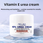 MELAO 40% Urea Cream white jar on a pale blue icy surface under the heading Vitamin E urea cream
