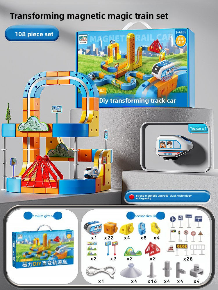 One hundred eight piece magnetic track set with box, railcar, bridge, road signs and USB cable