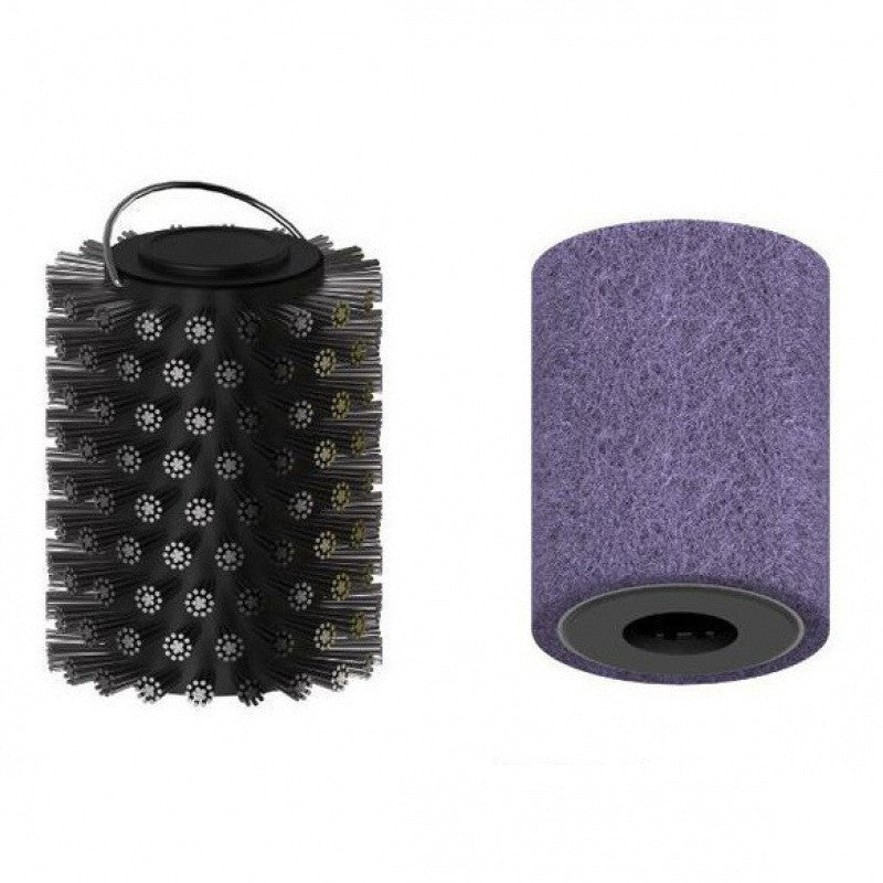 Close up of the steel wire bristle roller and the softer sponge roller heads