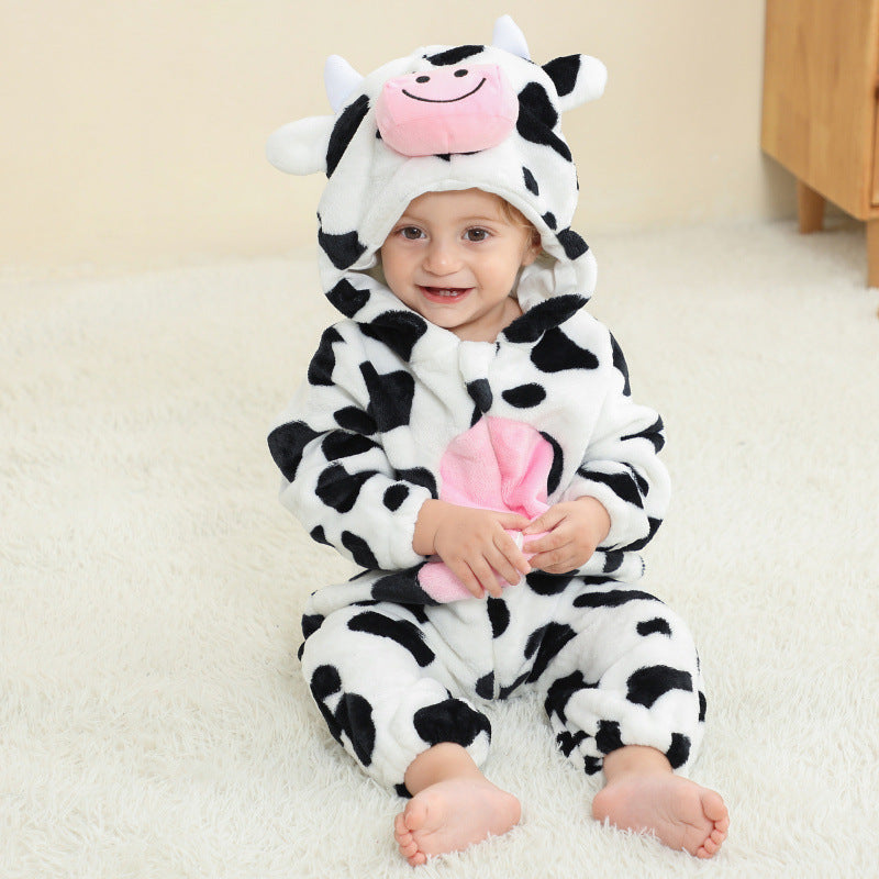 Cow hooded flannel baby jumpsuit with black and white pattern and animal face hood, option 120cm