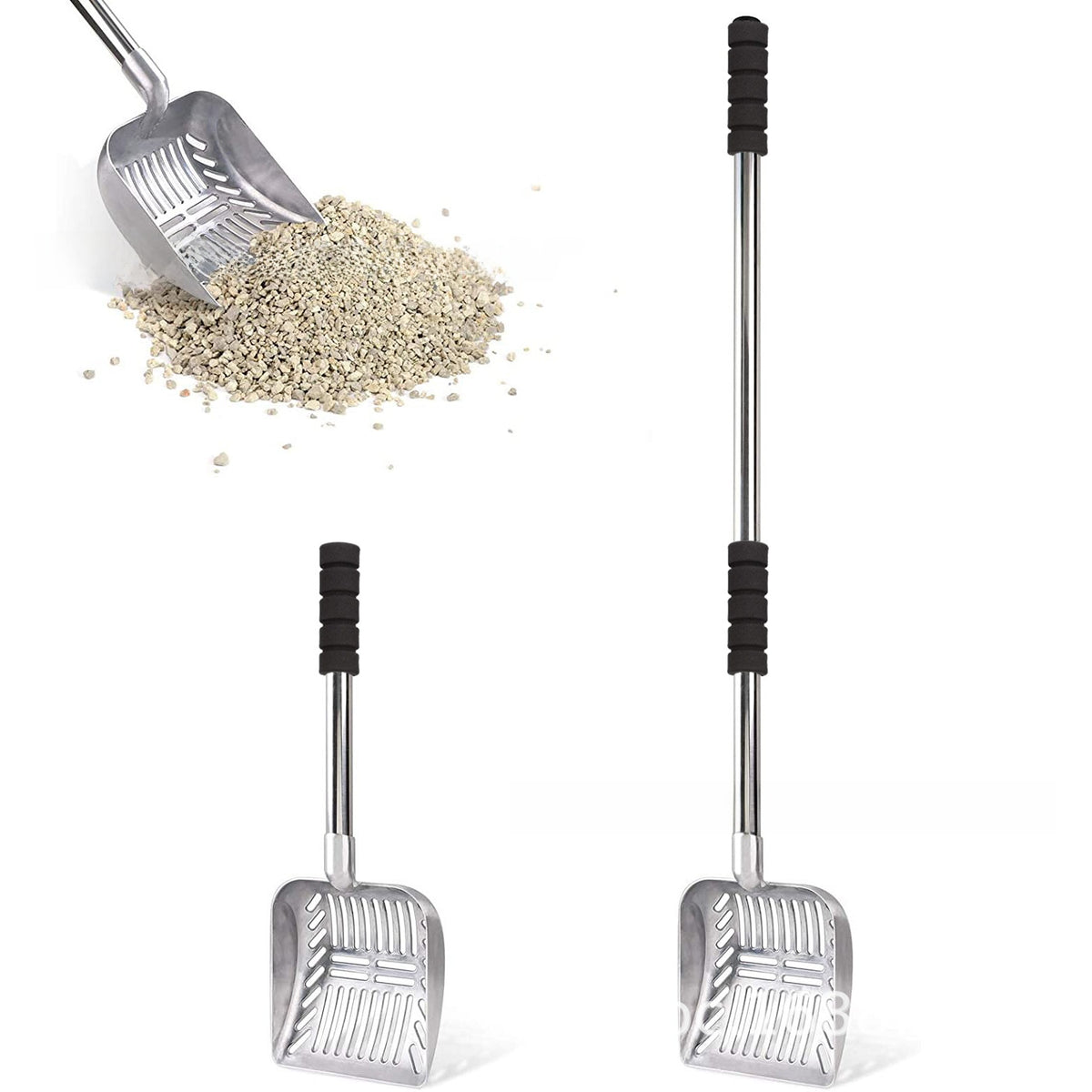 Two litter scoops with extended handles shown side by side