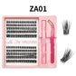 Lash cluster style ZA01 in a 10 row tray with dual-ended glue pen, tweezers and a close-up of the cluster shape