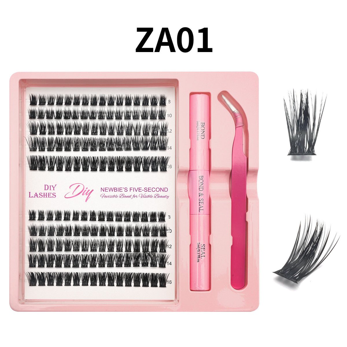 Lash cluster style ZA01 in a 10 row tray with dual-ended glue pen, tweezers and a close-up of the cluster shape
