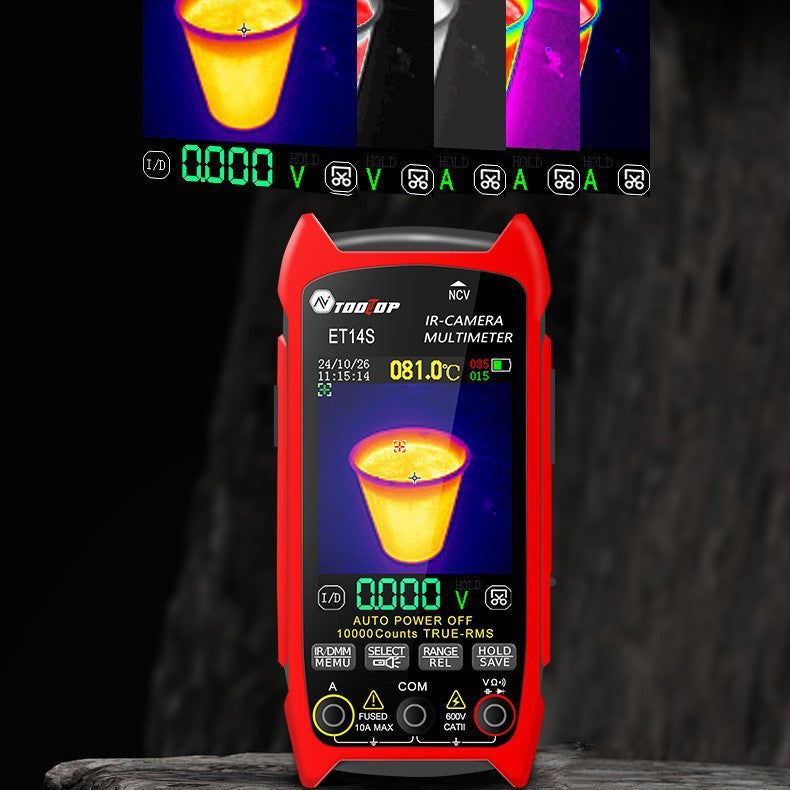 Tooltop ET14S multimeter reading 81 degrees with a color thermal image of a hot cup on its screen