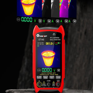 Tooltop ET14S multimeter reading 81 degrees with a color thermal image of a hot cup on its screen
