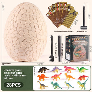 Dinosaur egg excavation kit shown with mini dinosaurs and digging tools