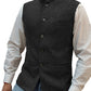Black herringbone stand collar vest over a white shirt, size XS
