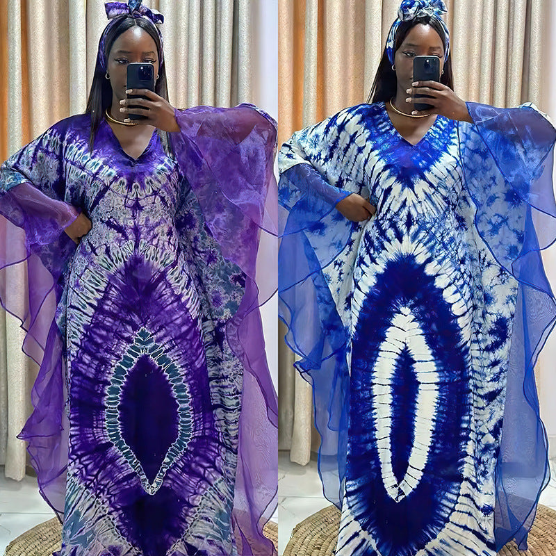 African print kaftan maxi dress with wide sheer mesh oversleeves and a V neckline