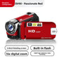 Red DV90 camera labeled passionate red with 16X lens, 2.4 inch rotating screen, built in flash and 16x digital zoom