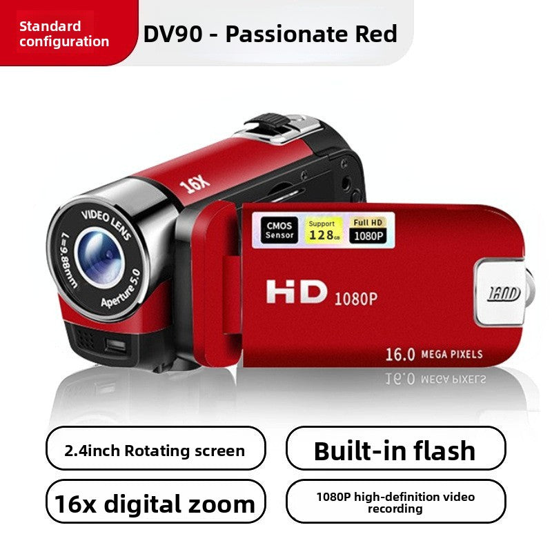 Red DV90 camera labeled passionate red with 16X lens, 2.4 inch rotating screen, built in flash and 16x digital zoom