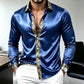Blue satin long sleeve shirt with a gold ornamental band on the placket and cuffs, Blue XXXL option