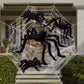 Hairy black Halloween spider props posed on a white web across a porch, with red eyes and posable legs