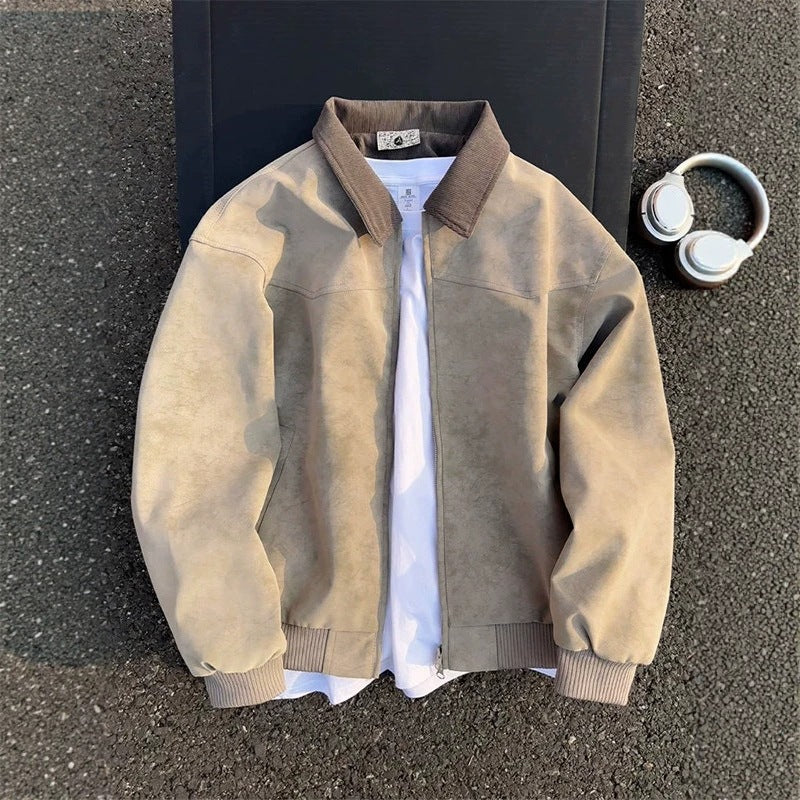 Beige tie-dye PU leather zip jacket flat on dark asphalt with a white tee and headphones, size XXXL option