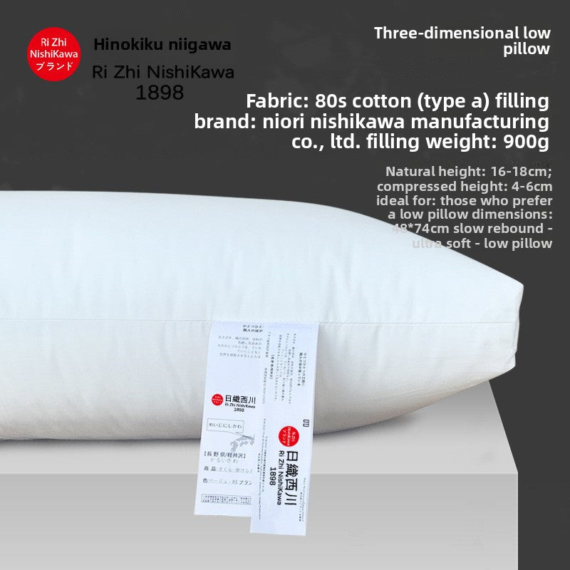Three dimensional low bed pillow in profile, raised perimeter wall, 900 g of fill weight