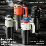 Insulated stainless steel travel mug shown in orange, black, gray and cream colorways with flip lids