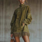Oversized vegan suede mock neck tunic dress with distressed finish and fringe hem