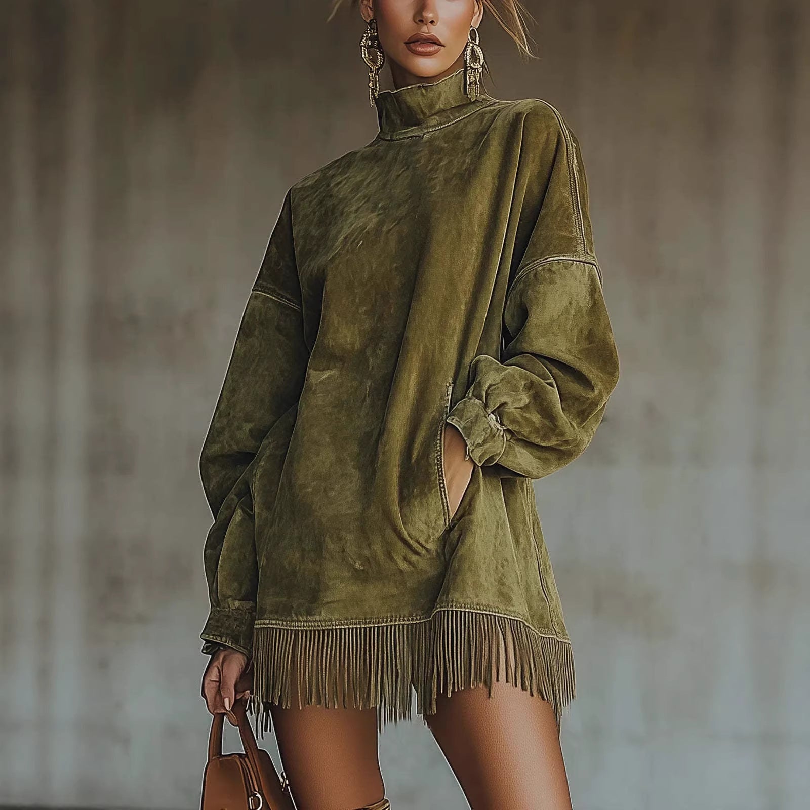Oversized vegan suede mock neck tunic dress with distressed finish and fringe hem
