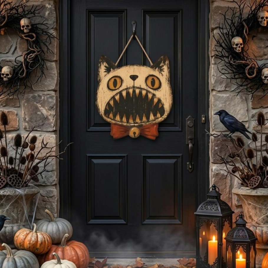 Wooden Halloween door hanger sign, flat printed design on a light wooden board with hanging cord