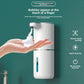 Hand under a white wall mounted soap dispenser receiving foam, icons for human body sensing, rapid foaming and no pressing