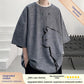 Linen blend t-shirt collar and shoulder seam shown in close detail